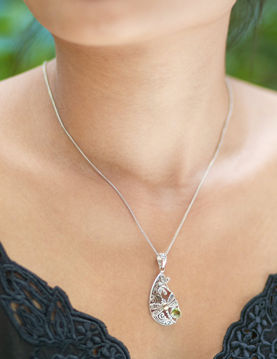 Gold-accented peridot pendant necklace, 'Lucky Transformation' - 18k Gold-Accented Dragonfly Pendant Necklace with Peridot