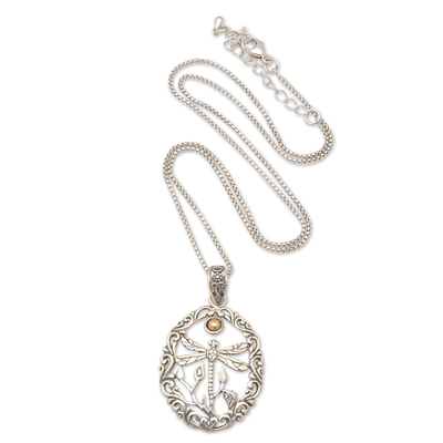 Gold-accented sterling silver filigree pendant necklace, 'Towards the Sun' - 18k Gold-Accented Dragonfly Filigree Pendant Necklace