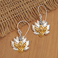 Gold-accented sterling silver dangle earrings, 'Sarasvati Lotus' - 18k Gold-Accented Lotus-Themed Dangle Earrings from Bali