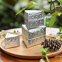 Aluminum decorative boxes, 'Triangular Palace' (Set of 3) - Set of 3 Repousse Triangular Aluminum Decorative Boxes