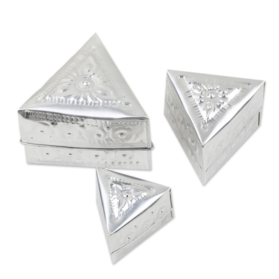 aluminium decorative boxes, 'Triangular Palace' (Set of 3) - Set of 3 Repousse Triangular aluminium Decorative Boxes