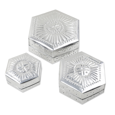 Cajas decorativas de aluminio, (juego de 3) - Juego de 3 Cajas Decorativas de Aluminio Hexagonal Repujado