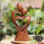 Hand-Carved Heart-Shaped Suar Wood Sculpture from Bali, 'Morning Hugging'