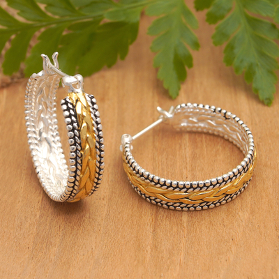 Gold-accented hoop earrings, 'Sparkling Braids' - Sterling Silver Hoop Earrings with Gold-Plated Braid Accents
