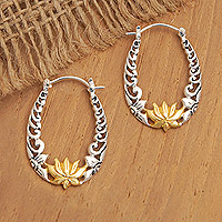 Gold-accented sterling silver hoop earrings, 'Divine Soul' - Lotus 18k Gold-Accented Sterling Silver Hoop Earrings