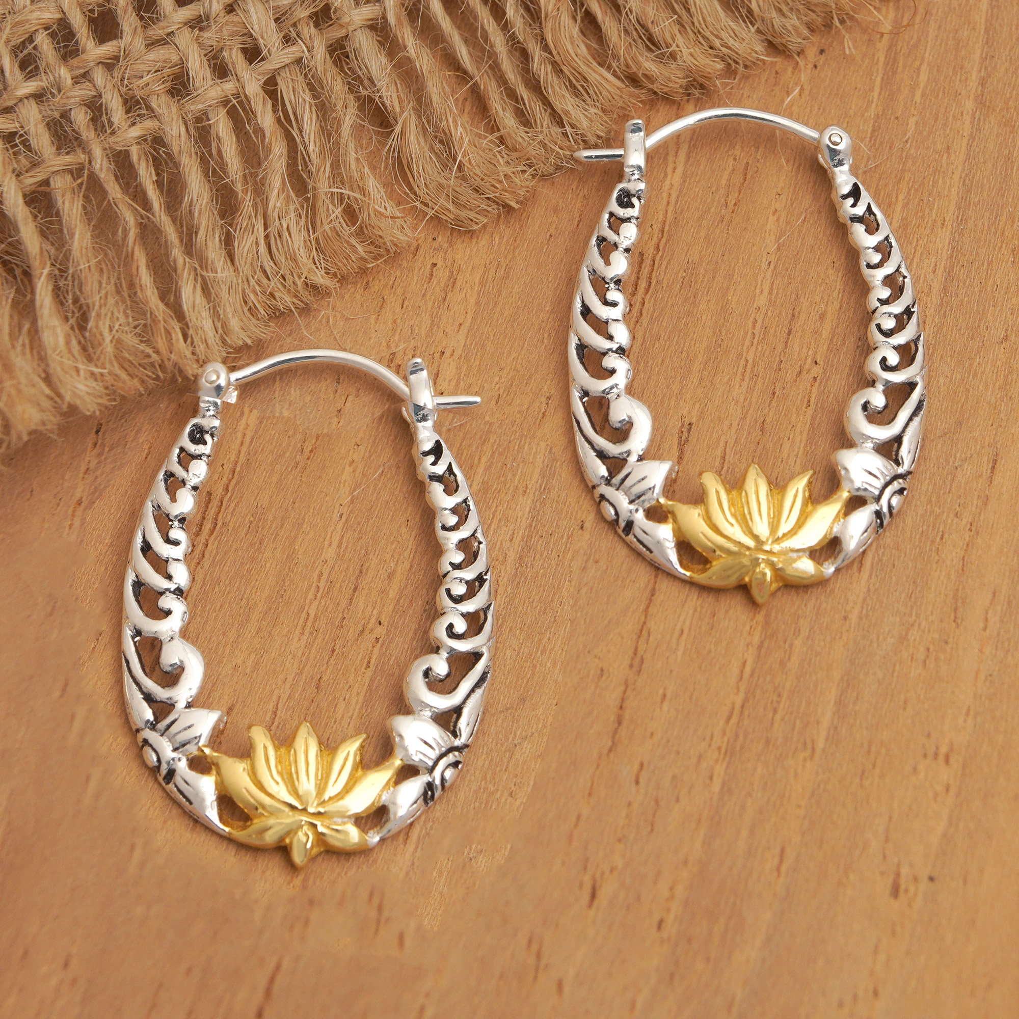 Lotus 18k Gold-Accented Sterling Silver Hoop Earrings - Divine