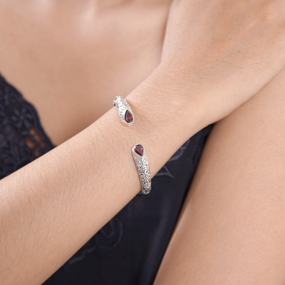 Garnet cuff bracelet, 'Crimson Tegalalang' - Polished Cuff Bracelet with Two-Carat Garnet Jewels
