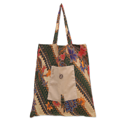 Cotton batik foldable tote bag, 'Blitar's Eden' - Handmade Cotton Foldable Tote Bag with Vibrant Batik Motifs