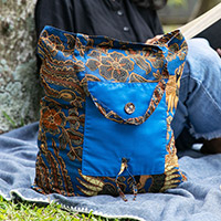 Cotton batik foldable tote bag, 'Blitar's Waters' - Cotton Foldable Tote Bag with Blue and Golden Batik Motifs