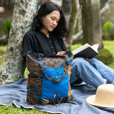 Bolso tote plegable batik de algodón - Bolso Tote Plegable de Algodón con Motivos Batik Azules y Dorados