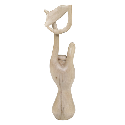 Wood sculpture, 'Laughing' - Hand-Carved Wood Sculpture of Hand Holding a Laughing Mouth