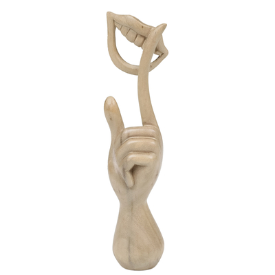 Wood sculpture, 'Laughing' - Hand-Carved Wood Sculpture of Hand Holding a Laughing Mouth
