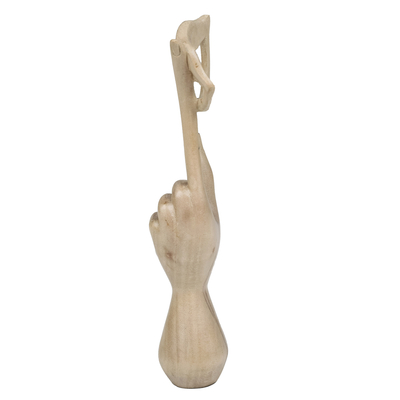 Holzskulptur - Handgeschnitzte Holzskulptur einer Hand, die einen lachenden Mund hält