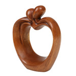 Wood sculpture, 'Sweet Passion' - Romantic Suar Wood Sculpture in an Apple and Heart Shape
