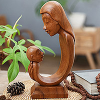 Wood sculpture, 'Carry Me' - Handcrafted Suar Wood Mother and Child Sculpture from Bali