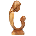 Wood sculpture, 'Carry Me' - Handcrafted Suar Wood Mother and Child Sculpture from Bali