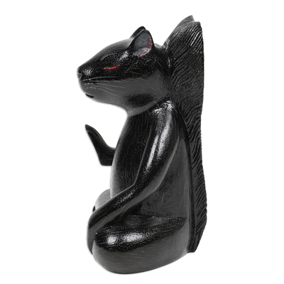 Wood sculpture, 'Blessing Squirrel in Black' - Hand-Carved Wood Sculpture of Meditating Squirrel in Black