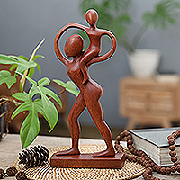 Wood sculpture, 'Loving Mother with Child' - Hand-Carved Abstract Wood Sculpture of Mother and Child
