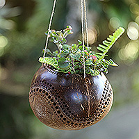 Coconut shell hanging planter, 'Riverside' - Coconut Shell Hanging Planter Hand-Crafted in Bali