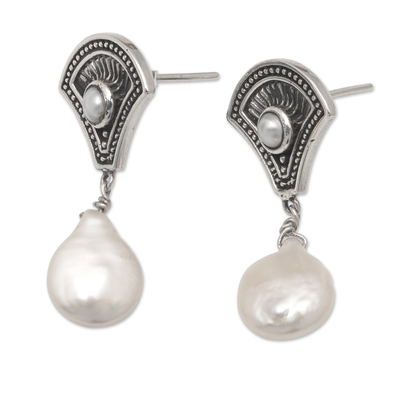 Aretes colgantes de perlas cultivadas - Aretes colgantes de temática marina con perlas grises y blancas