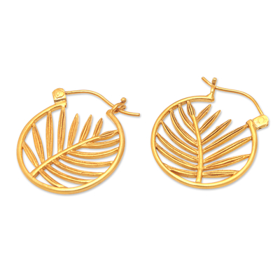 Gold-plated hoop earrings, 'Palm Flair' - 22k Gold-Plated Palm-Themed Hoop Earrings from Indonesia