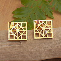Gold-plated drop earrings, 'Majestic Mosaic' - Modern 22k Gold-Plated Drop Earrings from Indonesia