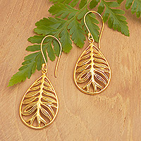 Gold-plated dangle earrings, 'Spring Forest' - 22k Gold-Plated Leaf and Root Themed Dangle Earrings