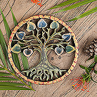 Wood relief panel, 'Brighter Future' - Hand-Painted Round Green Suar Wood Relief Panel of a Tree