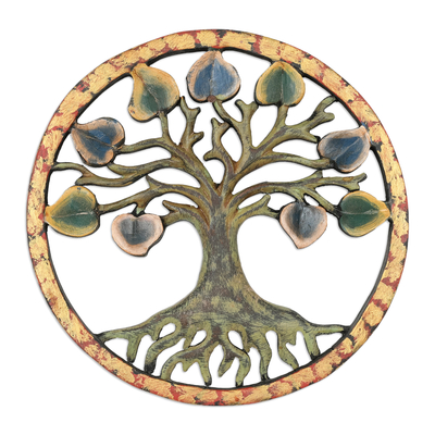 Wood relief panel, 'Brighter Future' - Hand-Painted Round Green Suar Wood Relief Panel of a Tree