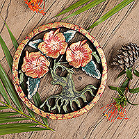 Wood relief panel, 'Blooming Hibiscus' - Hand-Painted Floral and Leafy Suar Wood Relief Panel