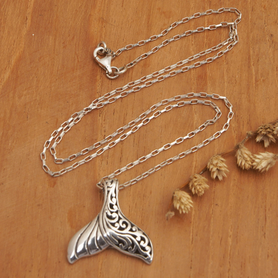 Sterling silver pendant necklace, 'Magic Fin' - Traditional Marine-Themed Balinese Pendant Necklace