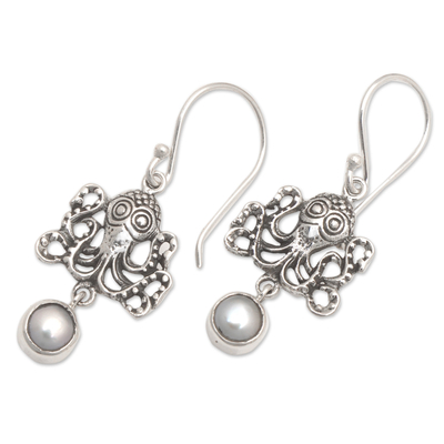 Aretes colgantes de perlas cultivadas - Aretes colgantes con temática de pulpo y perlas cultivadas grises