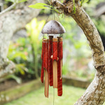 Bamboo and coconut shell wind chime, 'Red Rhythm' - Handcrafted Red Bamboo and Coconut Shell Wind Chime