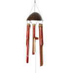 Bamboo and coconut shell wind chime, 'Red Rhythm' - Handcrafted Red Bamboo and Coconut Shell Wind Chime