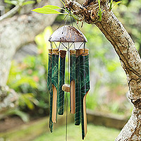 Bamboo and coconut shell wind chime, 'Green Rhythm' - Handcrafted Green Bamboo and Coconut Shell Wind Chime
