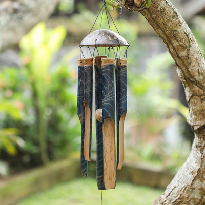 Carillón de viento de bambú y cáscara de coco - Carillón de viento hecho a mano de bambú azul y cáscara de coco