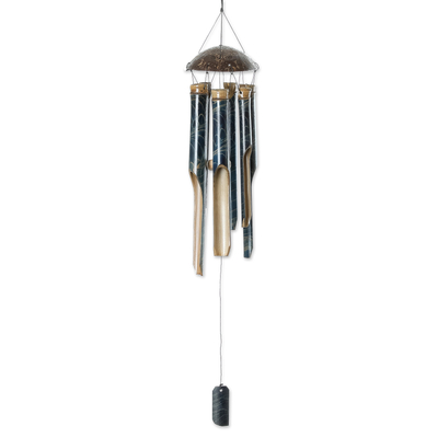 Bamboo and coconut shell wind chime, 'Blue Rhythm' - Handcrafted Blue Bamboo and Coconut Shell Wind Chime