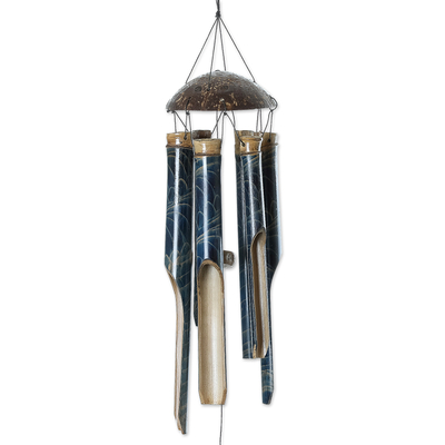 Bamboo and coconut shell wind chime, 'Blue Rhythm' - Handcrafted Blue Bamboo and Coconut Shell Wind Chime