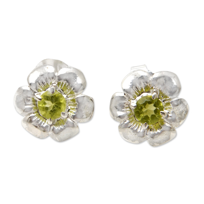 Cubic Zirconia Stud Earrings, 'Fortune Blossom' - Floral Stud Earrings Crafted from Sterling Silver