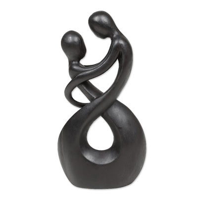 Wood sculpture, 'Staring at You' - Abstract Romantic Suar Wood Sculpture in a Black Hue