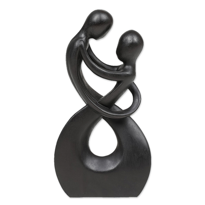 Wood sculpture, 'Staring at You' - Abstract Romantic Suar Wood Sculpture in a Black Hue