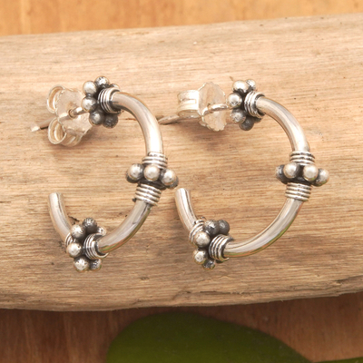 Sterling silver half-hoop earrings, 'Speckled Band' - Traditional Sterling Silver Balinese Half-Hoop Earrings
