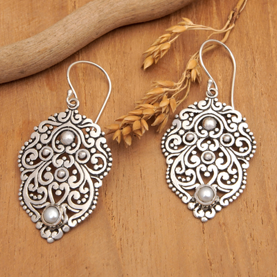 Cultured pearl dangle earrings, 'Balinese Inspiration' - Polished Sterling Silver Dangle Earrings with Grey Pearls