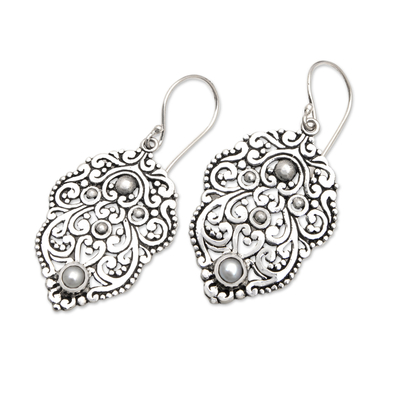 Cultured pearl dangle earrings, 'Balinese Inspiration' - Polished Sterling Silver Dangle Earrings with Grey Pearls