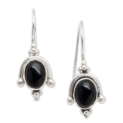 Onyx drop earrings, 'Protective Madam' - Classic Sterling Silver Drop Earrings with Onyx Cabochons