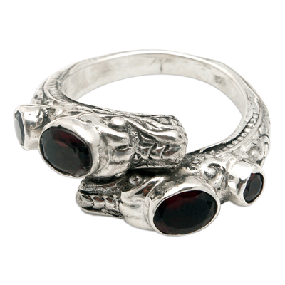 Garnet cocktail ring, 'Dragon's Glory in Red' - Balinese Dragon-Themed One-Carat Garnet Cocktail Ring