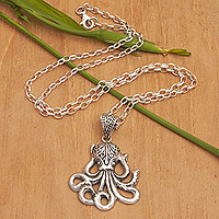 Sterling silver pendant necklace, 'Octopus Glory' - Octopus-Themed Sterling Silver Pendant Necklace from Bali