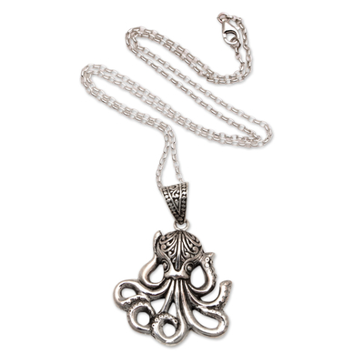 Sterling silver pendant necklace, 'Octopus Glory' - Octopus-Themed Sterling Silver Pendant Necklace from Bali