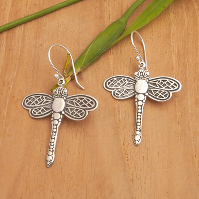 Sterling silver dangle earrings, 'Euphoric Flight' - Dragonfly-Themed Sterling Silver Dangle Earrings from Bali