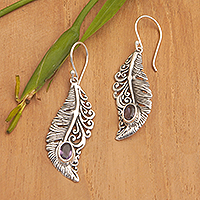 Amethyst dangle earrings, 'Plumage of the Wise' - Feather-Themed Dangle Earrings with Faceted Amethyst Jewels